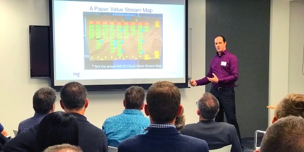 Daniel Scott-Raynsford, Continuous Delivery Practice Lead at IAG New Zealand, discussing value stream mapping