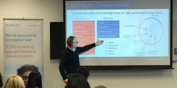 Equinox IT Principal Consultant Bill Ross presenting on DASA DevOps Competence Model at an Equinox IT client event