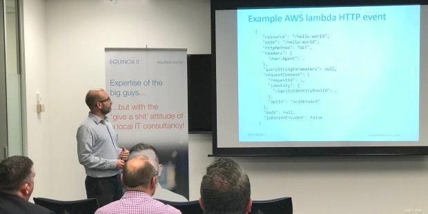 Senior Consultant Carl Douglas presenting on Serverless Computing at an Equinox IT Client Briefing event