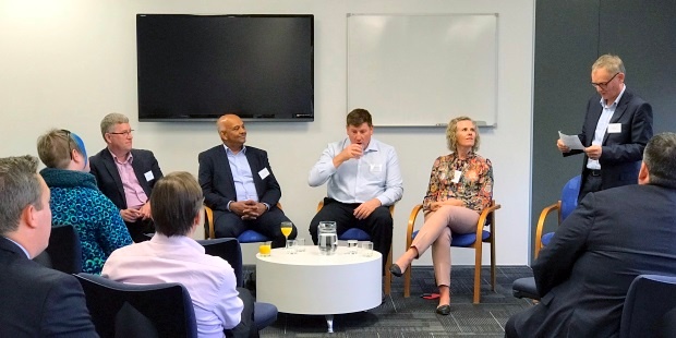 Bill Ross introducing Chris Buxton, Channa Jayasinha, Richard Ashworth and Dianna Taylor at the panel discussion