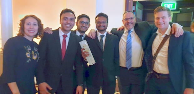 Julia Valerskaia, Nilay Bhima, Aravindh Rajagopalan, Ajit Garikipati, David Reiss and Sean Kelly of Equinox IT after winning the 'Azure Innovate Award' at the Microsoft New Zealand Partner Awards.