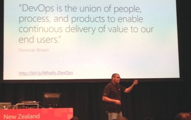 Microsoft Ignite Auckland New Zealand Donovan Brown talking about DevOps