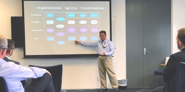 Felix Jalleh presenting on Agile budgeting 'bet large' at the Projects and Agile Community of Practice held on 24 October 2018